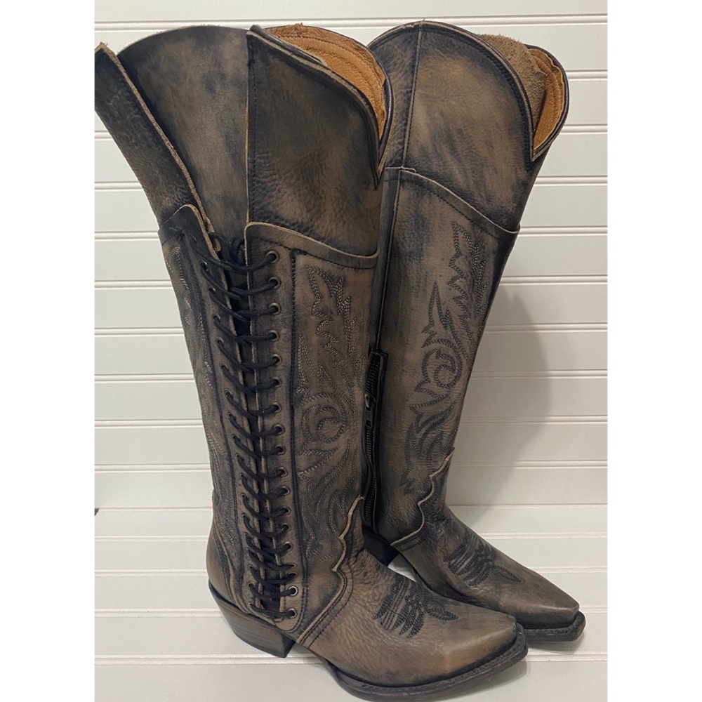 FreeBird New Wesley Black Gray Leather Lace Up Western Boho Boots Womens Size 6 - Picture 1 of 8